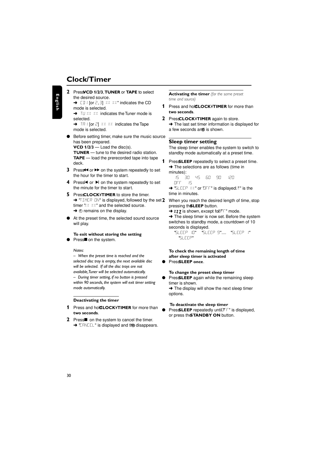 Philips FW-V330 manual Clock/Timer, Sleep timer setting 