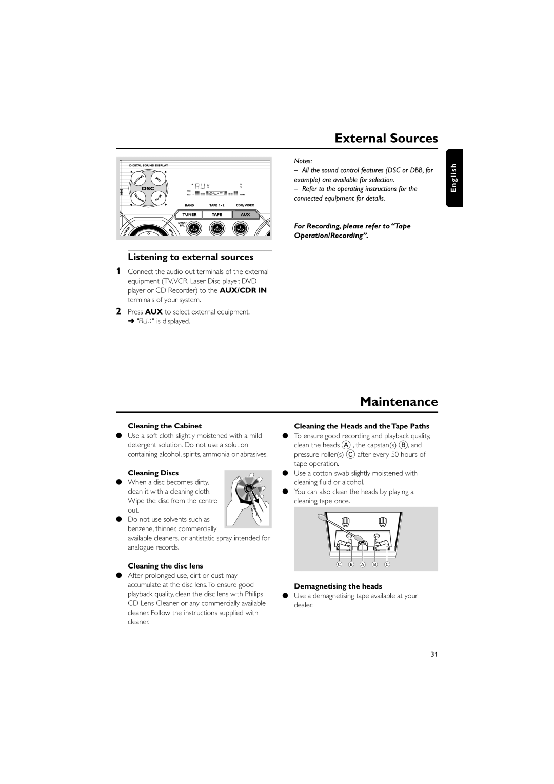 Philips FW-V330 manual External Sources, Maintenance, Listening to external sources 