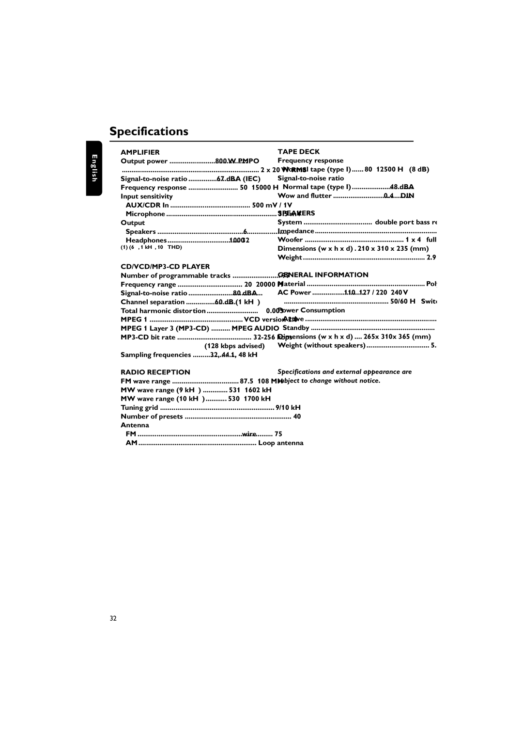 Philips FW-V330 manual Specifications 