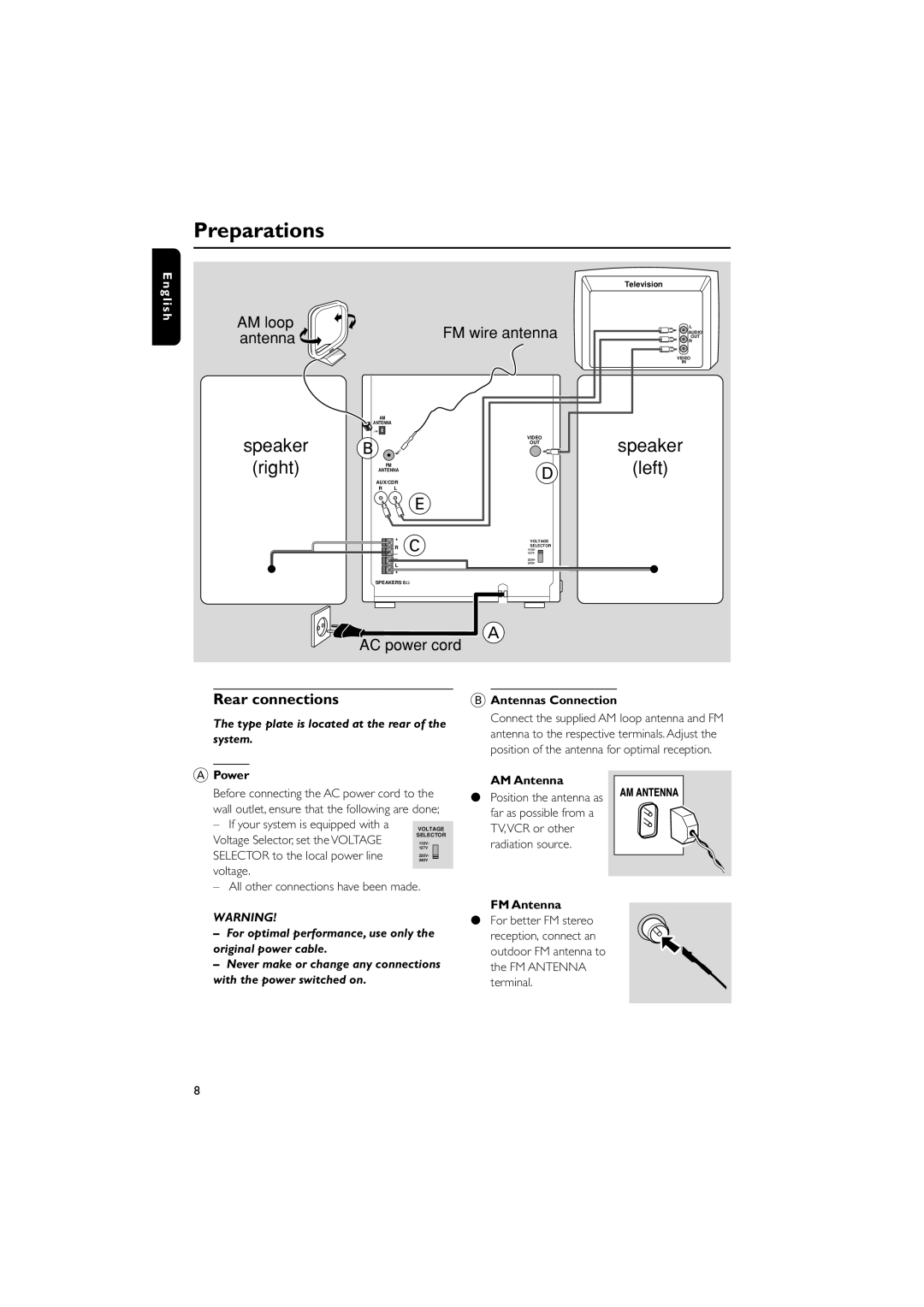 Philips FW-V330 manual Preparations, Rear connections, Power, Antennas Connection, AM Antenna 