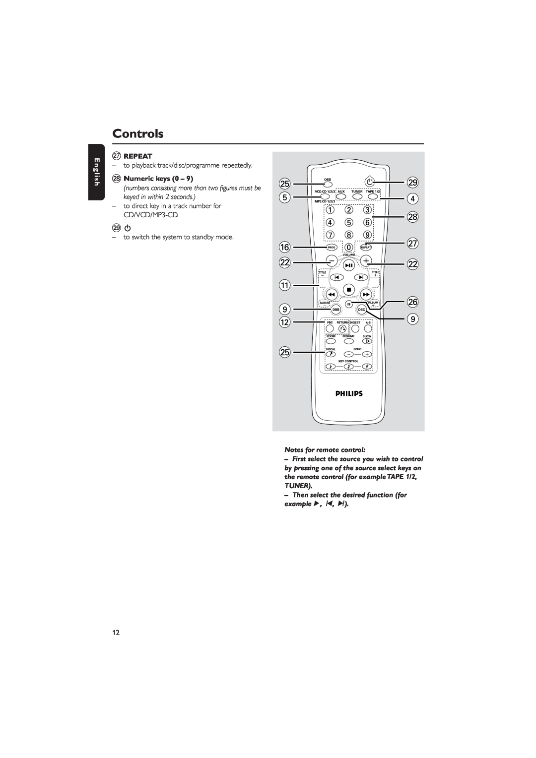Philips FW-V330 manual Controls, English, Repeat, Numeric keys 