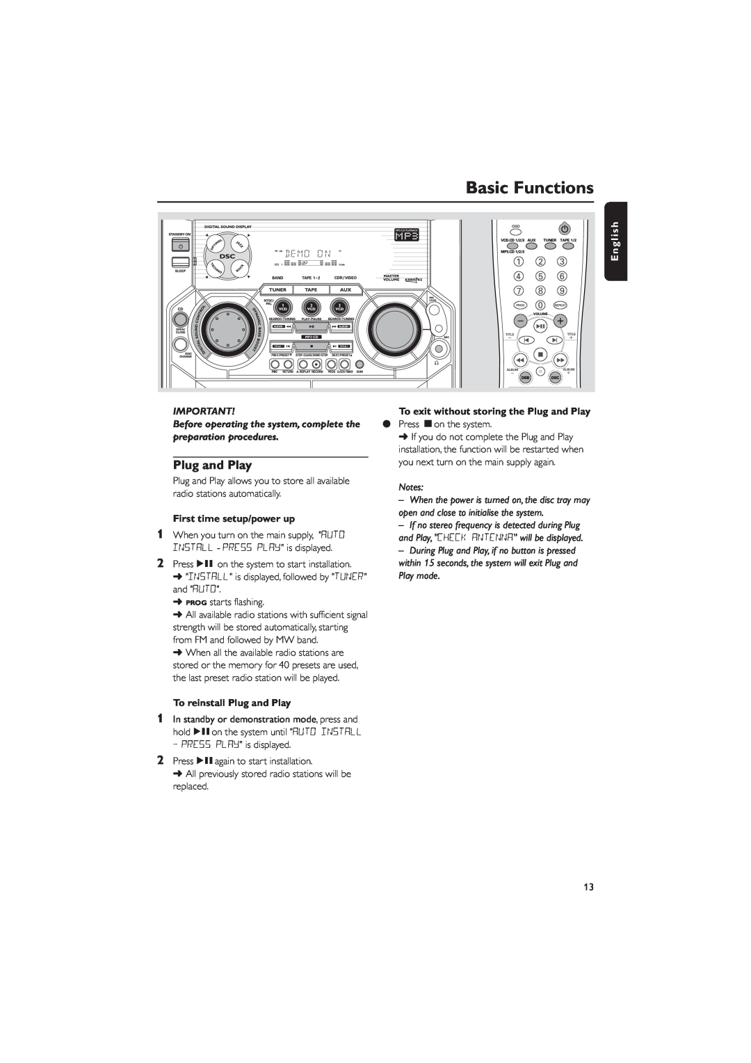 Philips FW-V330 manual Basic Functions, English, First time setup/power up, To exit without storing the Plug and Play 
