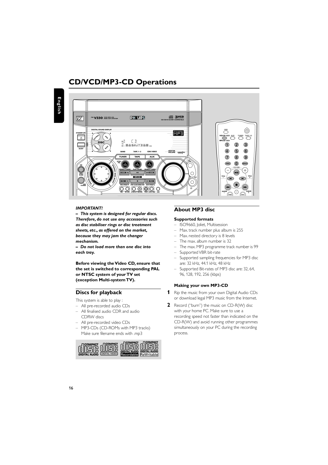 Philips FW-V330 manual CD/VCD/MP3-CD Operations, Discs for playback, About MP3 disc, English, Supported formats 
