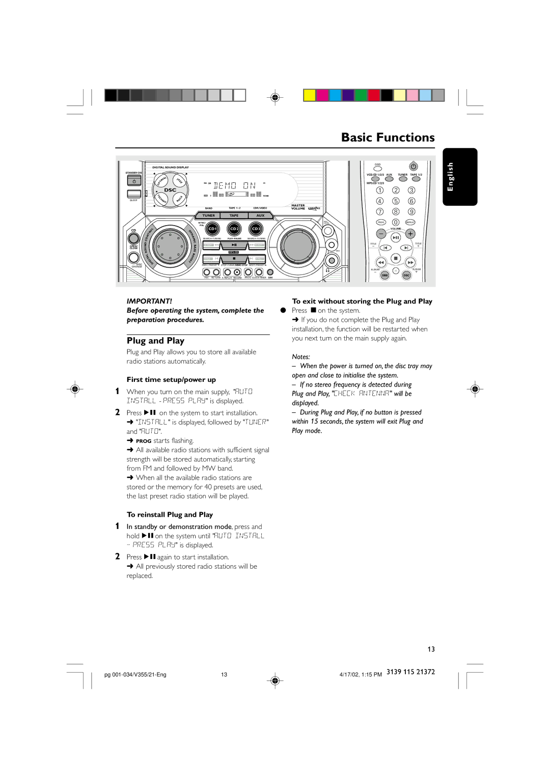 Philips FW-V355 manual To exit without storing the Plug and Play, First time setup/power up, To reinstall Plug and Play 