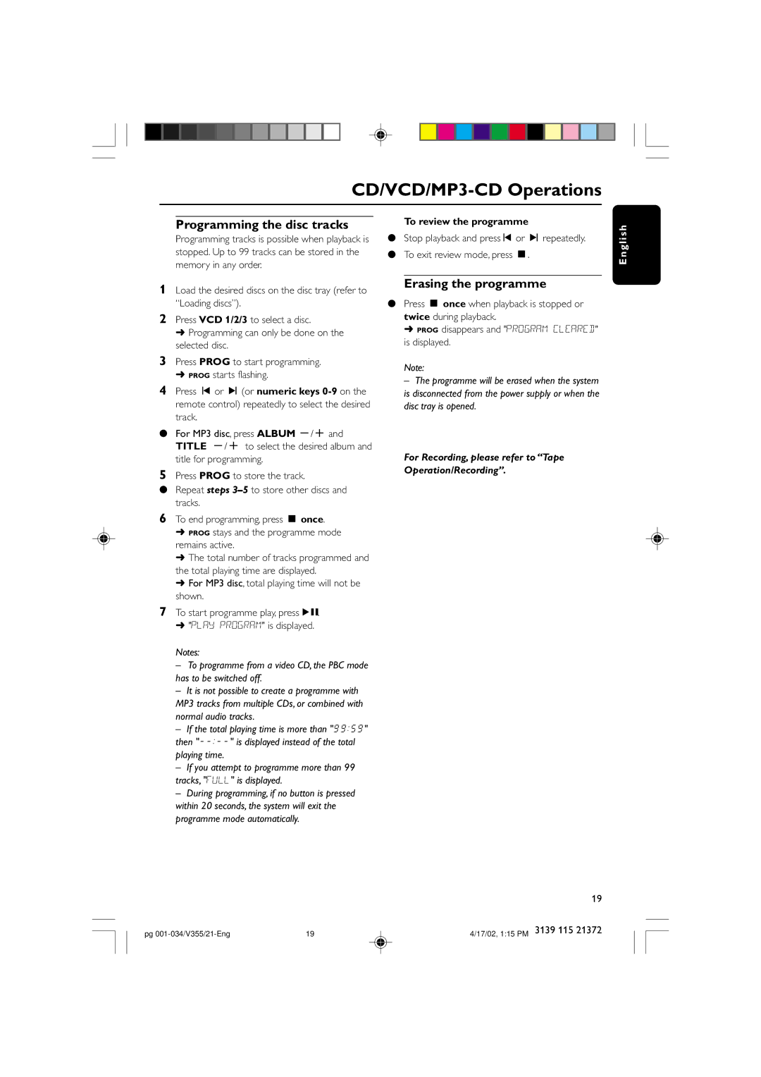 Philips FW-V355 manual Programming the disc tracks, Erasing the programme, To review the programme 