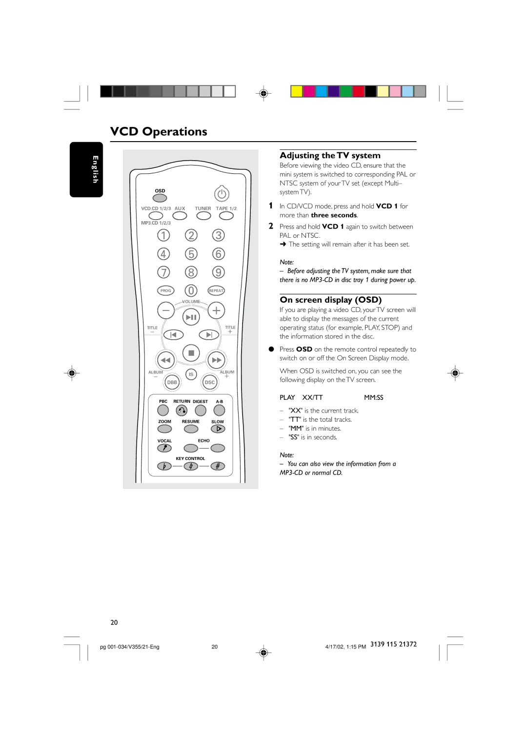 Philips FW-V355 manual VCD Operations, Adjusting the TV system, On screen display OSD 