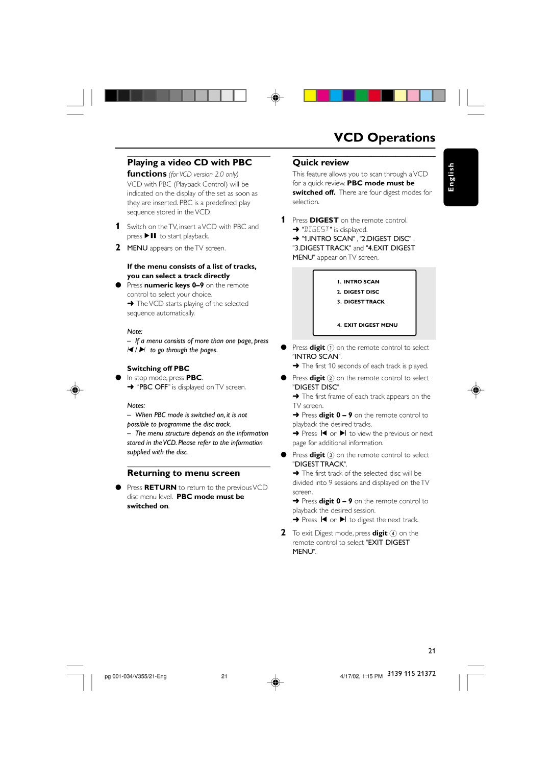 Philips FW-V355 manual Returning to menu screen, Quick review, Switching off PBC 