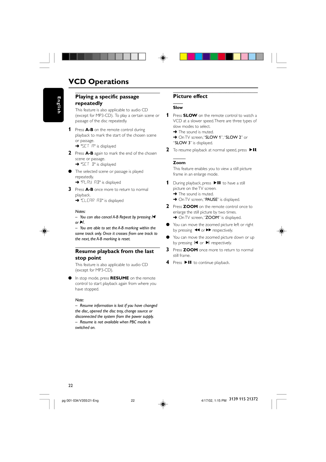 Philips FW-V355 manual Playing a specific passage, Repeatedly, Resume playback from the last stop point, Picture effect 