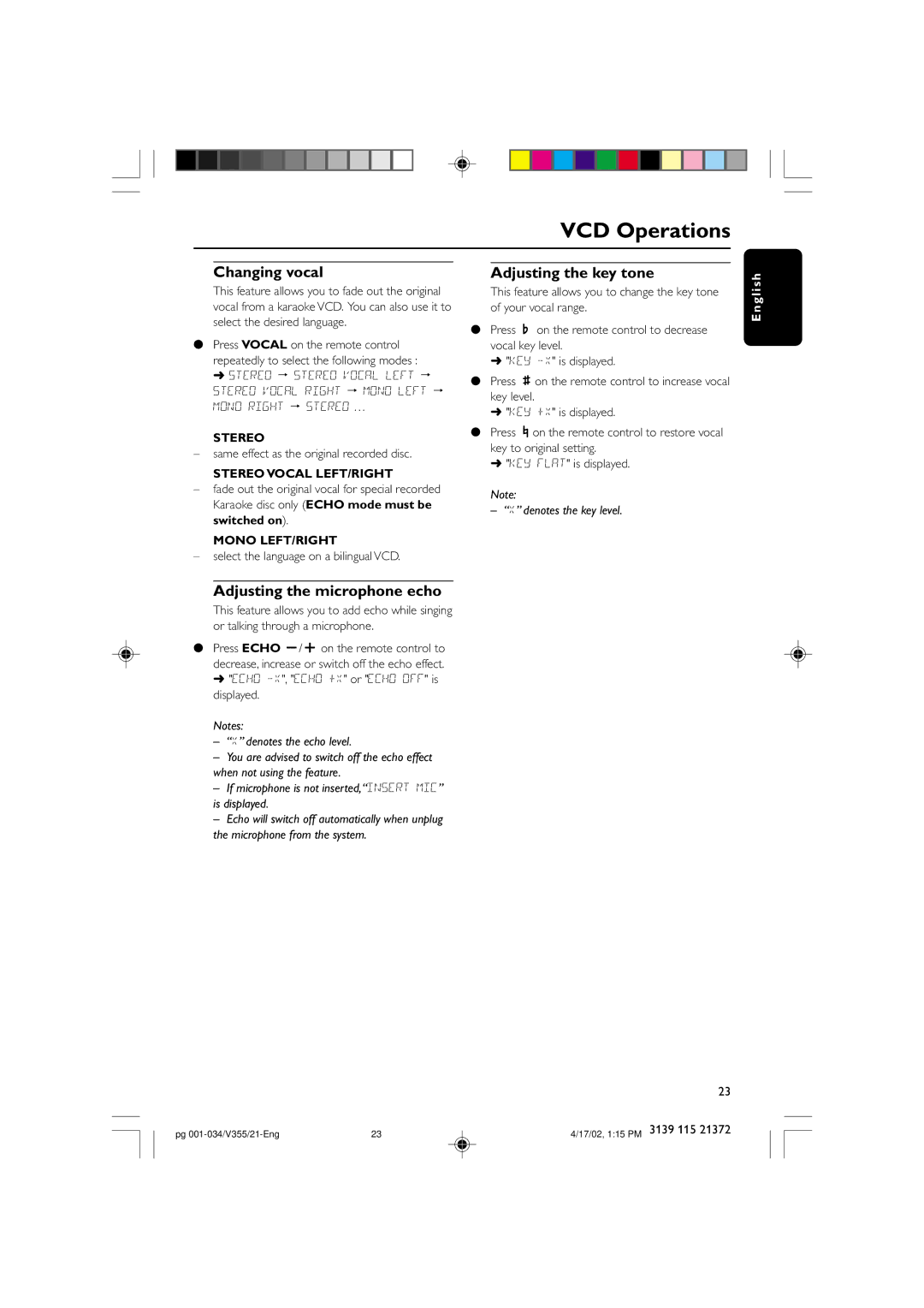 Philips FW-V355 manual Changing vocal, Adjusting the key tone, Adjusting the microphone echo 