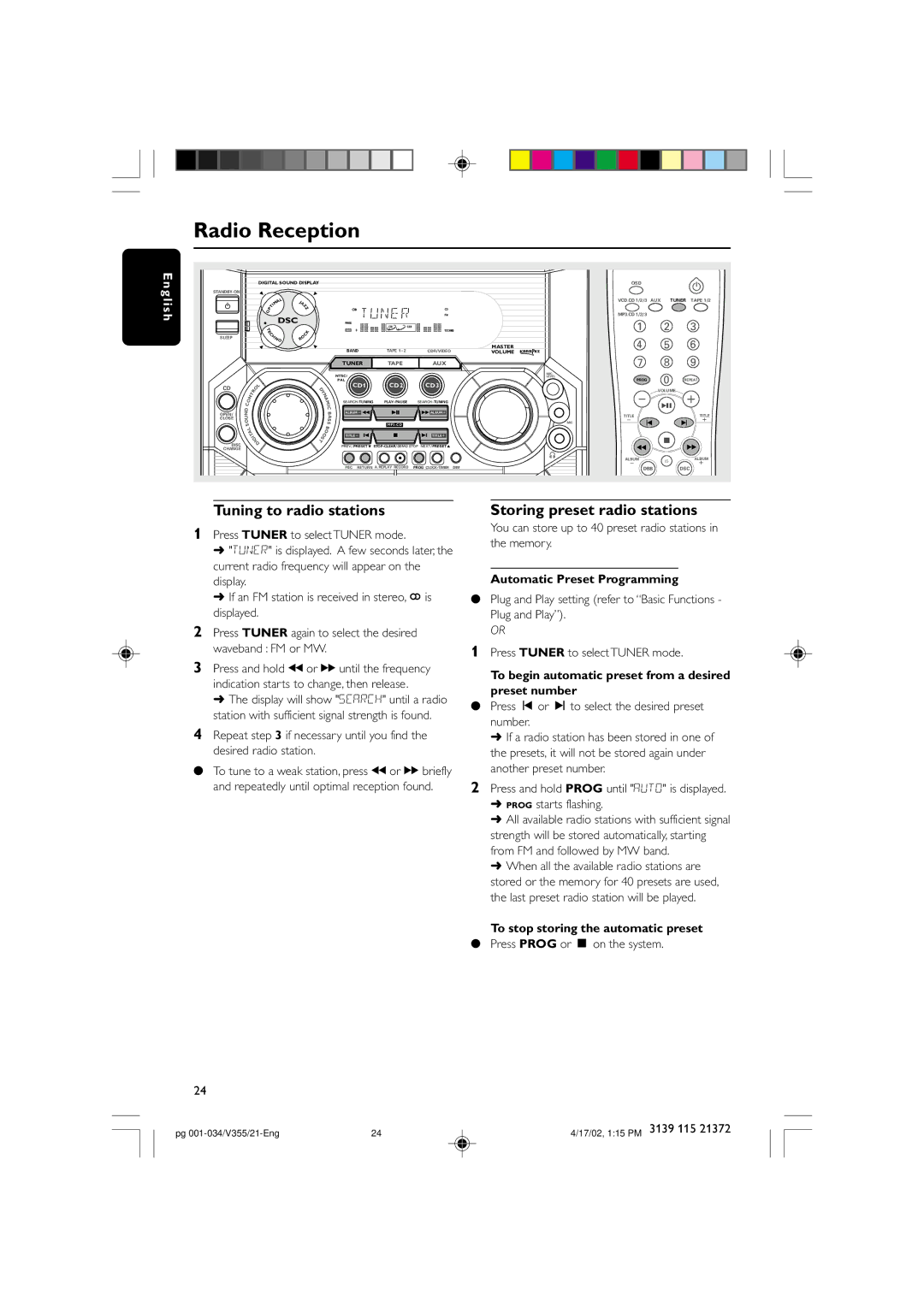 Philips FW-V355 manual Tuning to radio stations Storing preset radio stations, Automatic Preset Programming, Preset number 