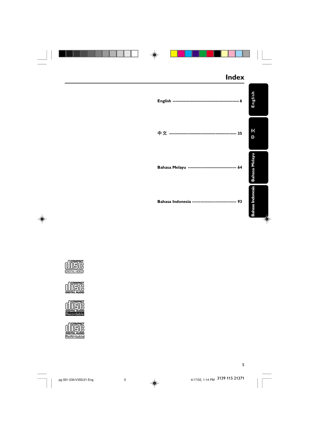 Philips FW-V355 manual Index 