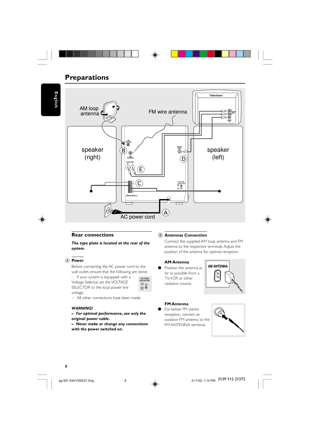 Philips FW-V355 manual Preparations, Rear connections 