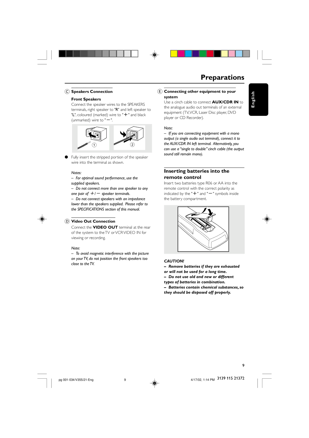 Philips FW-V355 Inserting batteries into the remote control, Speakers Connection Front Speakers, Video Out Connection 