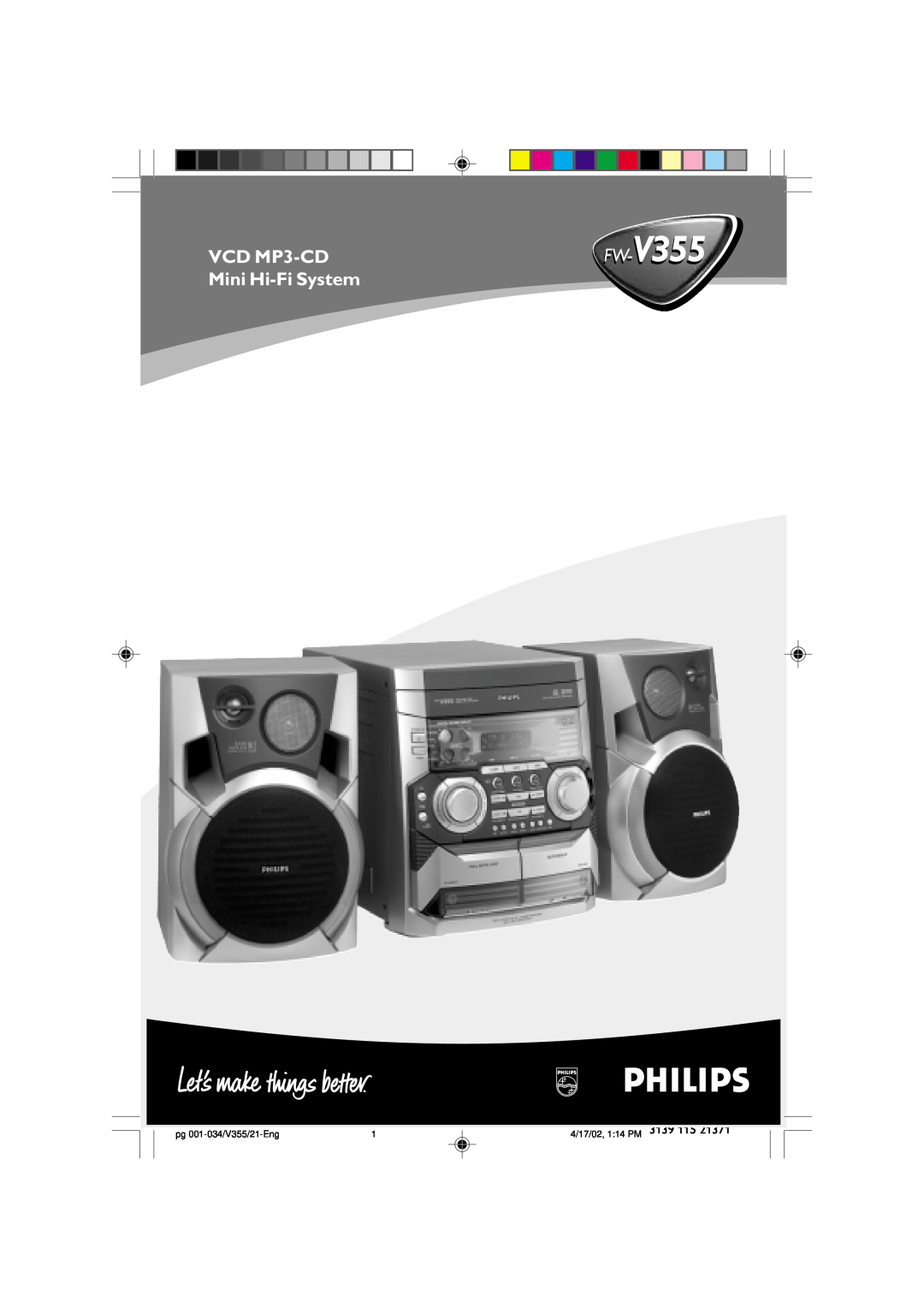 Philips FW-V355 manual VCD MP3-CD, Mini Hi-FiSystem, pg 001-034/V355/21-Eng, 4/17/02, 1 14 PM 