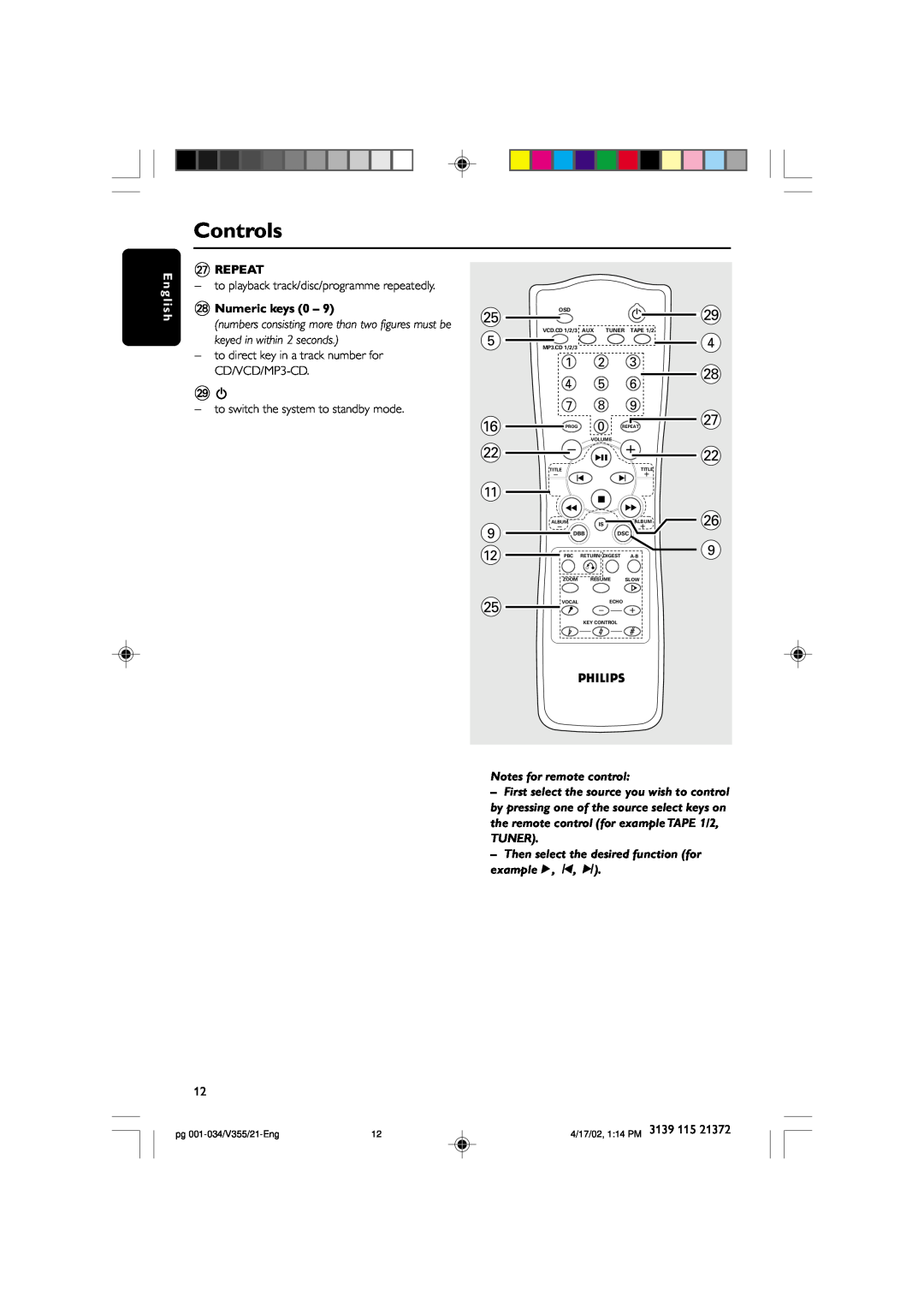 Philips FW-V355 manual Controls, English, ≥Repeat, Numeric keys 