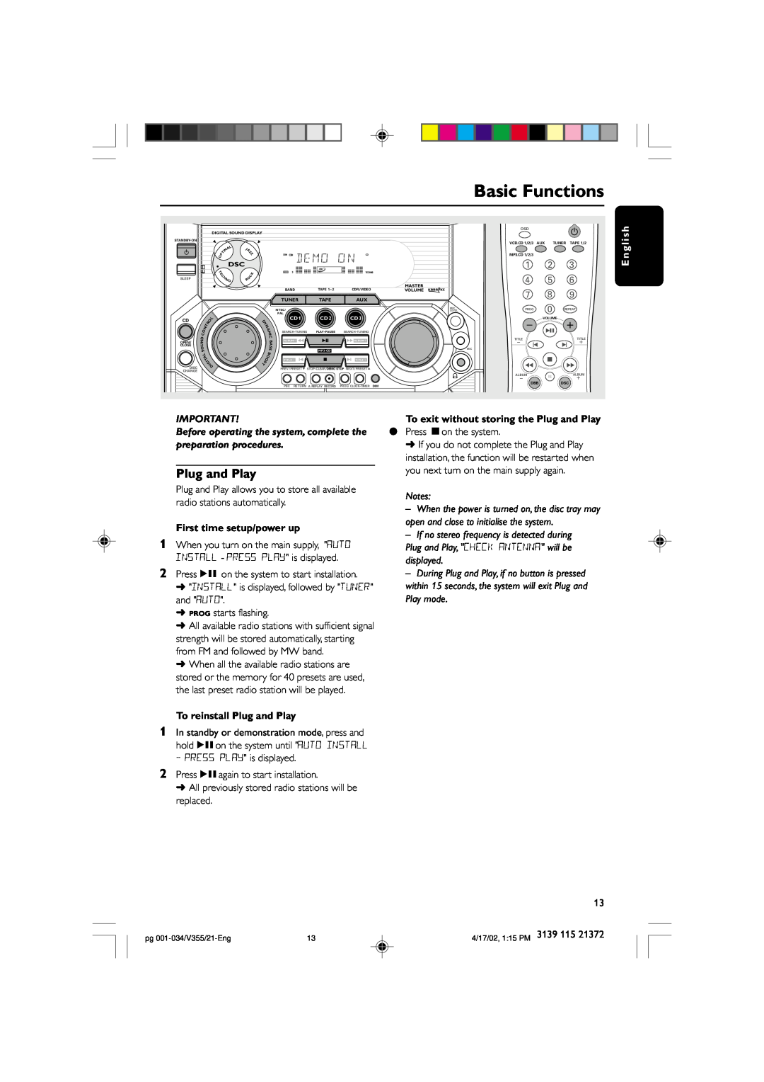 Philips FW-V355 manual Basic Functions, To exit without storing the Plug and Play, First time setup/power up, English 
