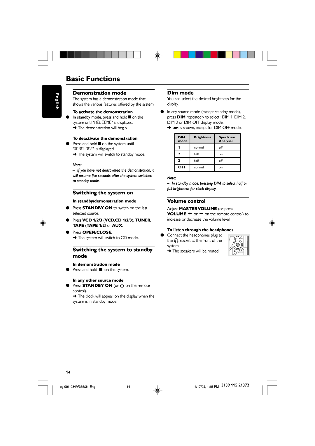 Philips FW-V355 manual Basic Functions, Demonstration mode, To activate the demonstration, To deactivate the demonstration 