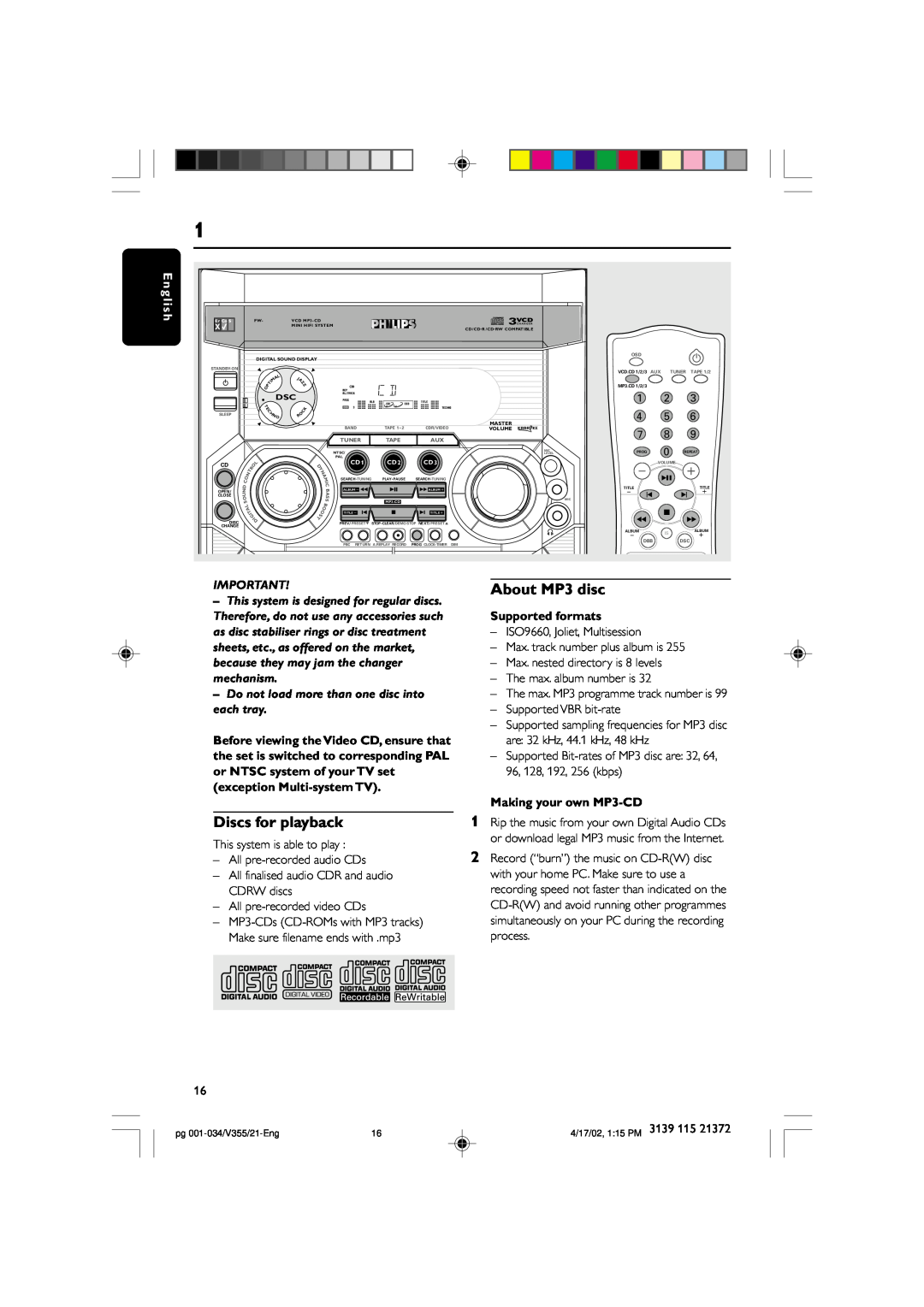 Philips FW-V355 manual About MP3 disc, Discs for playback, E n g l i s h, Supported formats, Making your own MP3-CD 