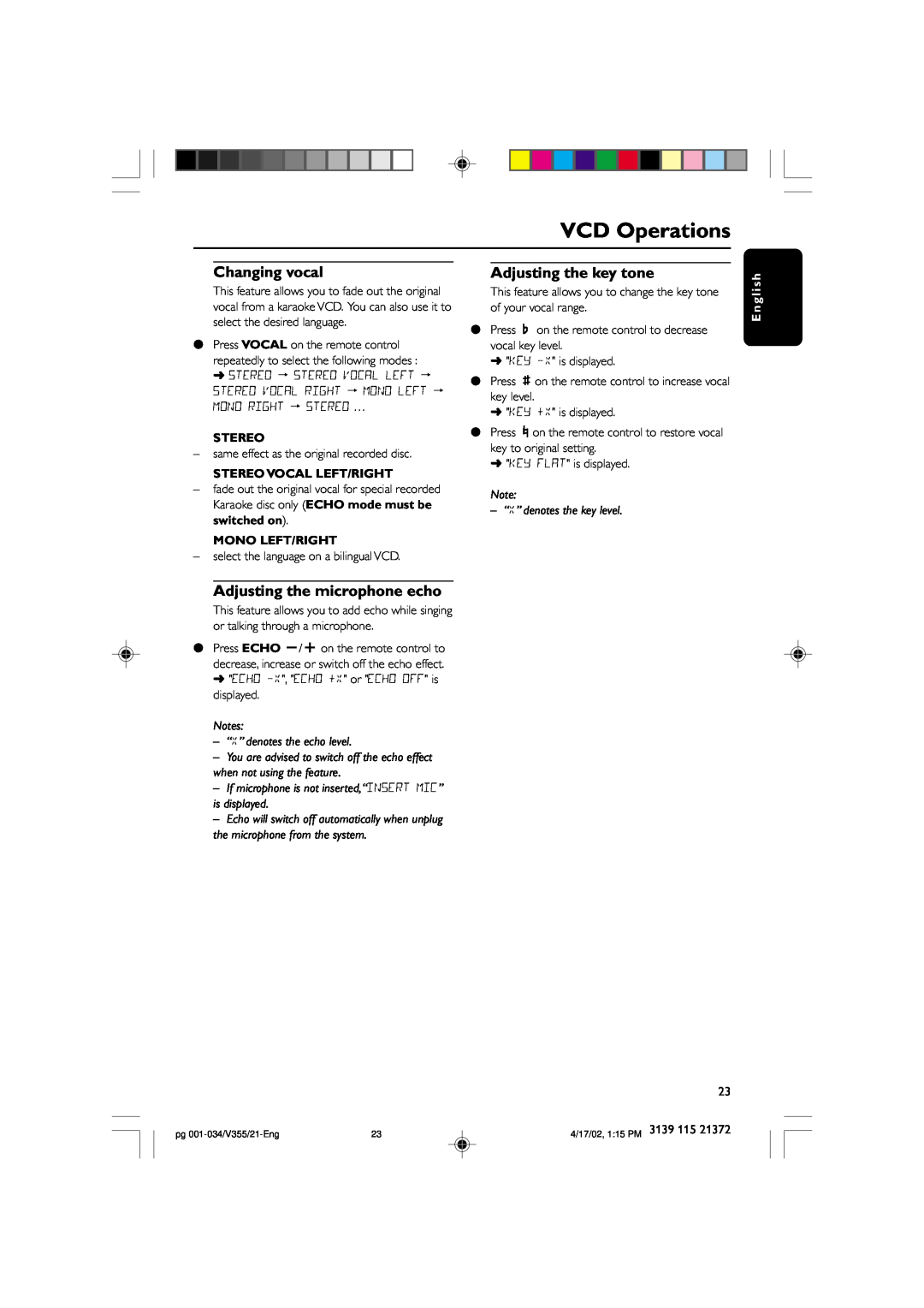 Philips FW-V355 manual VCD Operations, Stereo Vocal Left/Right, Mono Left/Right, E n g l i s h 