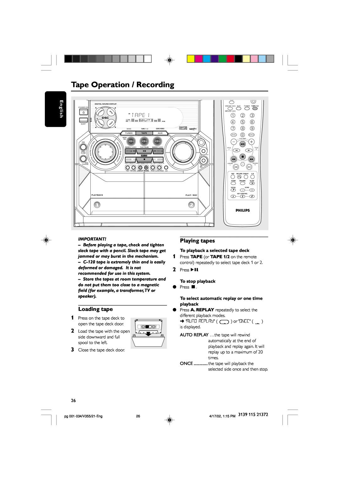 Philips FW-V355 manual Tape Operation / Recording, l i s h, To playback a selected tape deck, To stop playback, E n g, Ç àá 