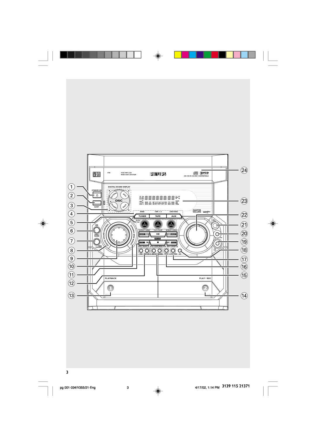 Philips FW-V355 manual $, pg 001-034/V355/21-Eng, 4/17/02, 1 14 PM 3139, Master, Volume, Tuner, Tape, Playback, Play / Rec 
