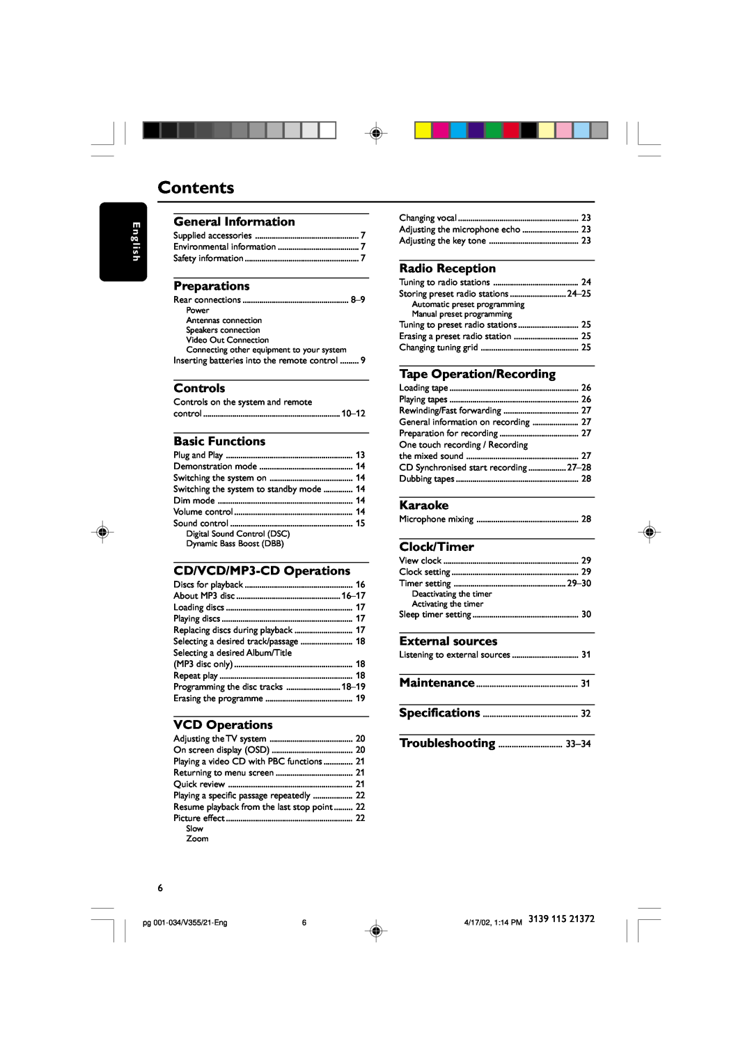 Philips FW-V355 manual Contents 