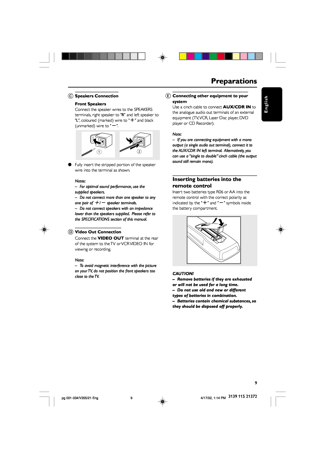 Philips FW-V355 manual Preparations, CSpeakers Connection Front Speakers, DVideo Out Connection, English 