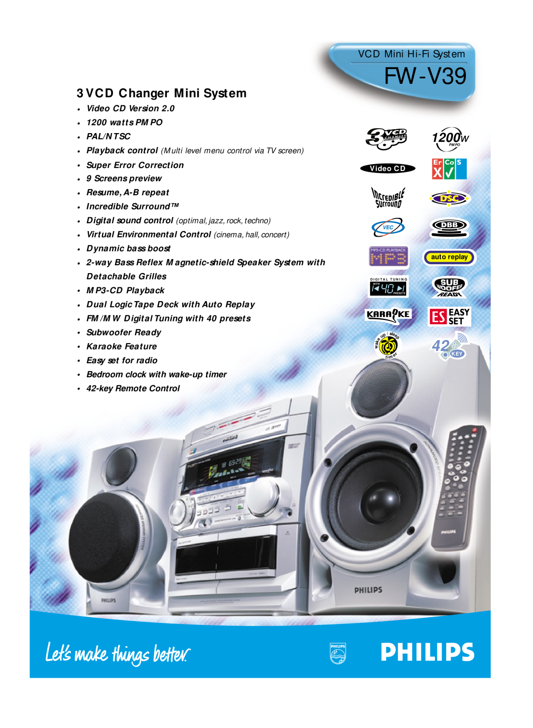 Philips FW-V39 manual VCD Mini Hi-FiSystem, 1200w, VCD Changer Mini System 