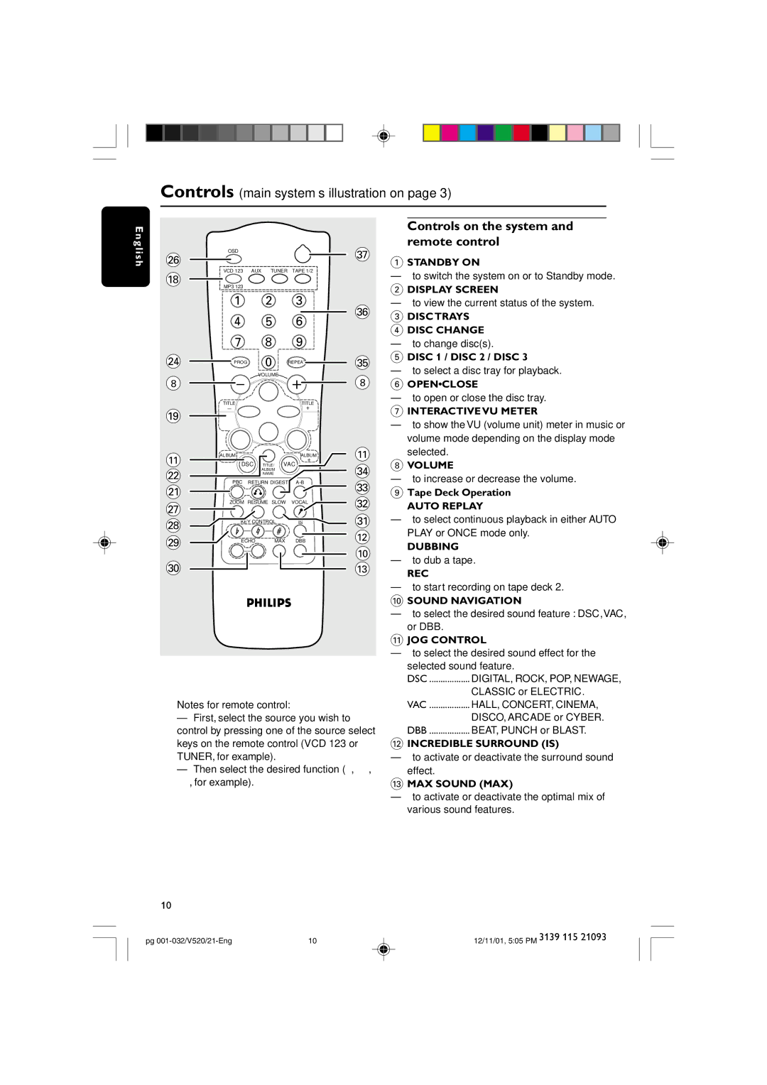 Philips FW-V520 manual Controls on the system and remote control 