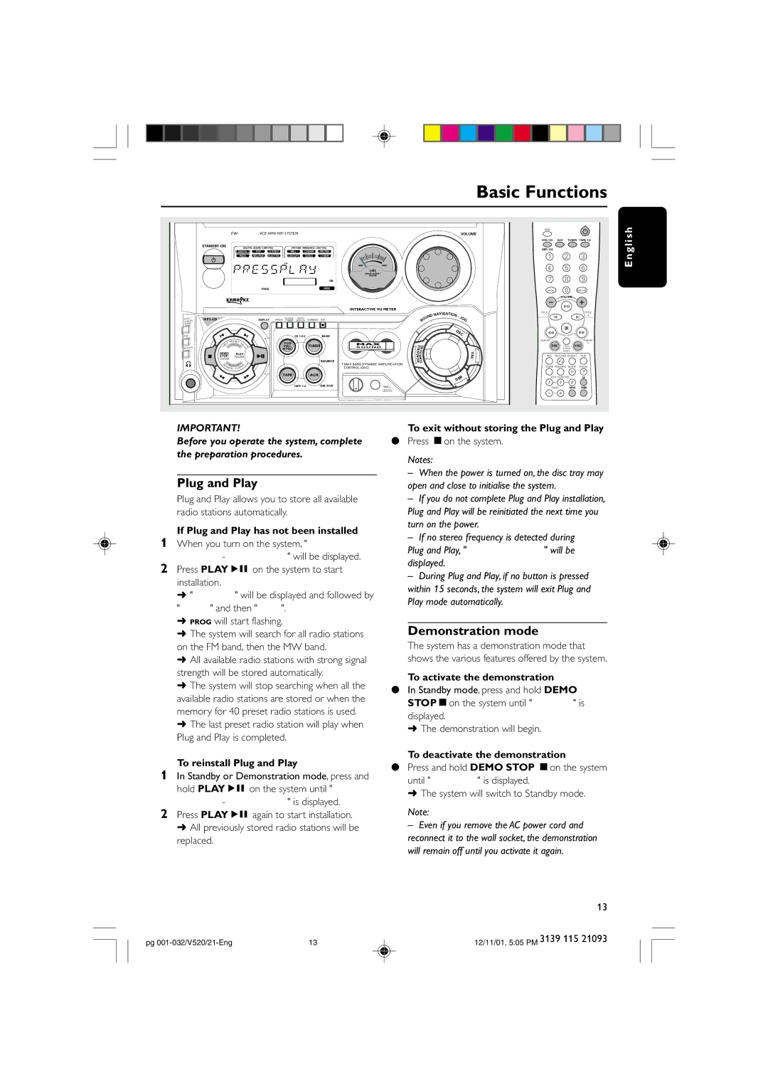 Philips FW-V520 manual Basic Functions, Plug and Play, Demonstration mode 