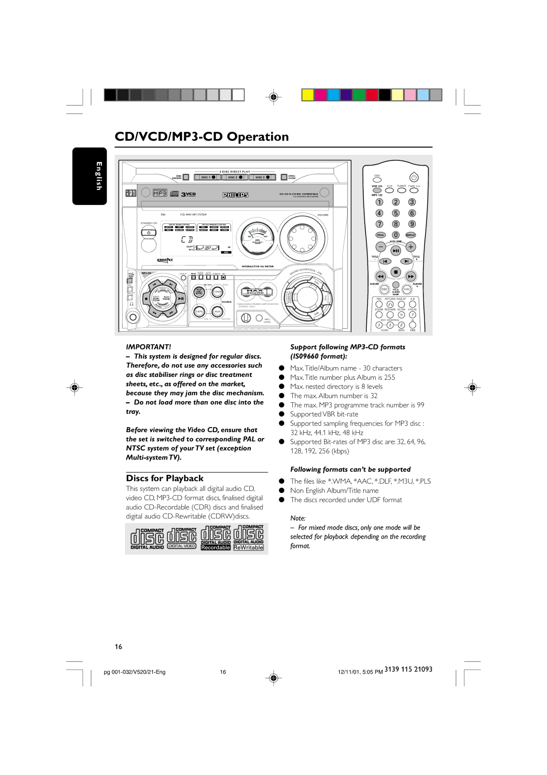 Philips FW-V520 manual CD/VCD/MP3-CD Operation, Discs for Playback 