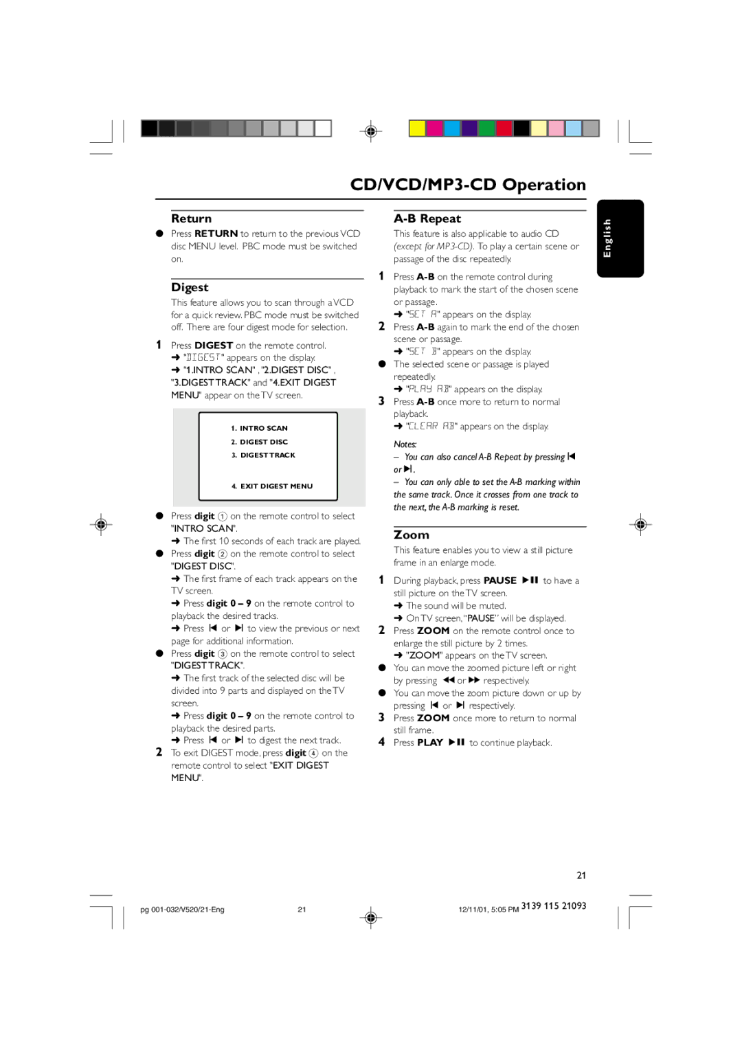 Philips FW-V520 manual Return Repeat, Digest, Zoom, Press digit 1 on the remote control to select Intro Scan 