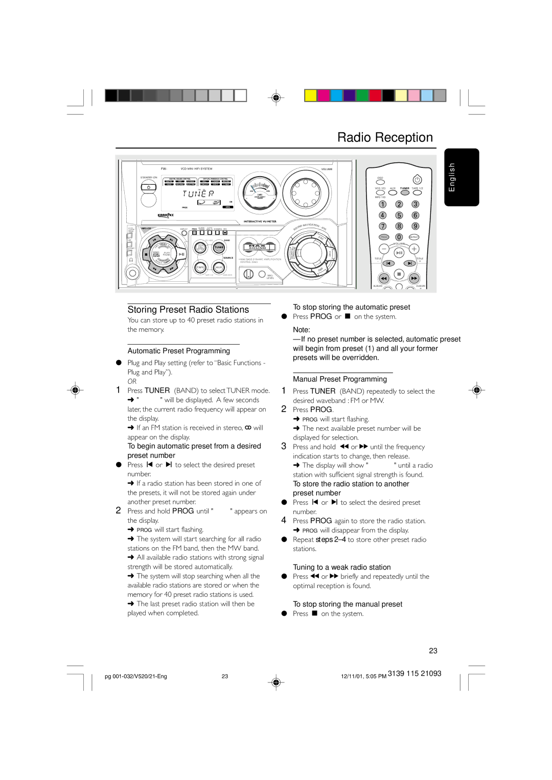 Philips FW-V520 manual Radio Reception, Storing Preset Radio Stations 