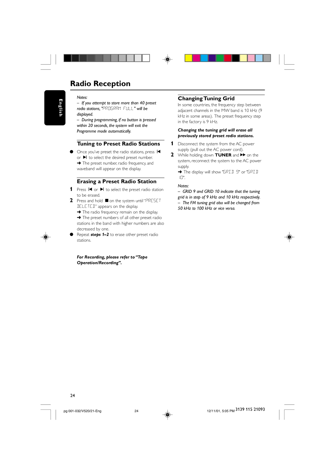 Philips FW-V520 manual Tuning to Preset Radio Stations, Erasing a Preset Radio Station, Changing Tuning Grid 