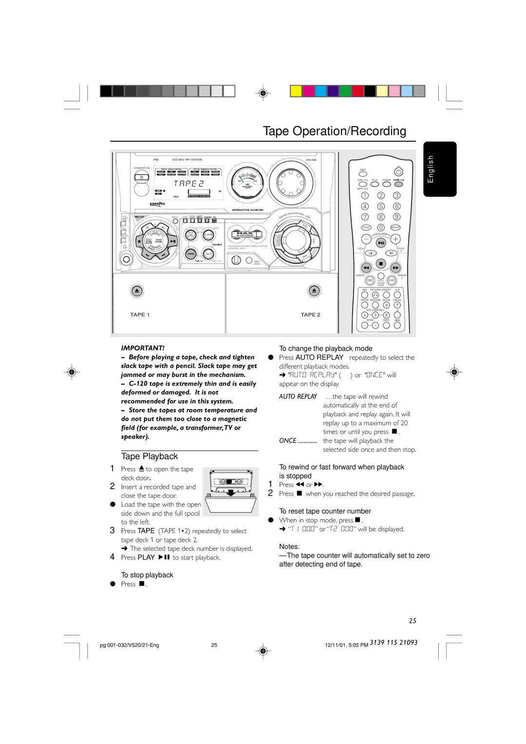 Philips FW-V520 manual Tape Operation/Recording, Tape Playback, To change the playback mode, To reset tape counter number 