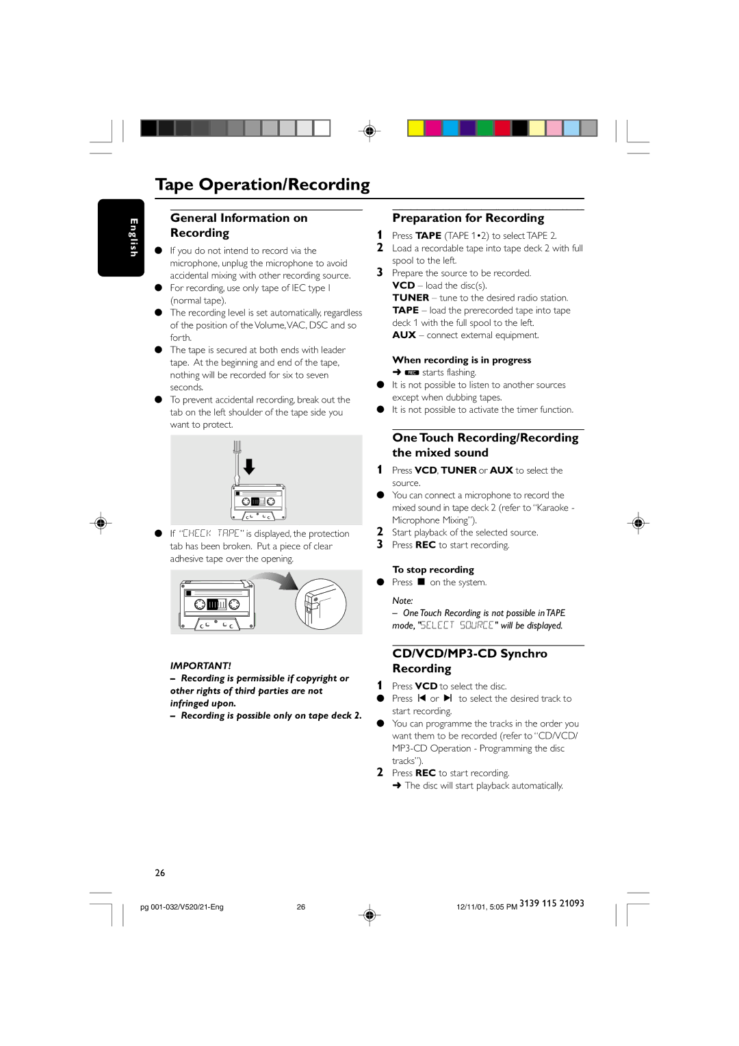 Philips FW-V520 manual General Information on Recording, Preparation for Recording, CD/VCD/MP3-CD Synchro Recording 