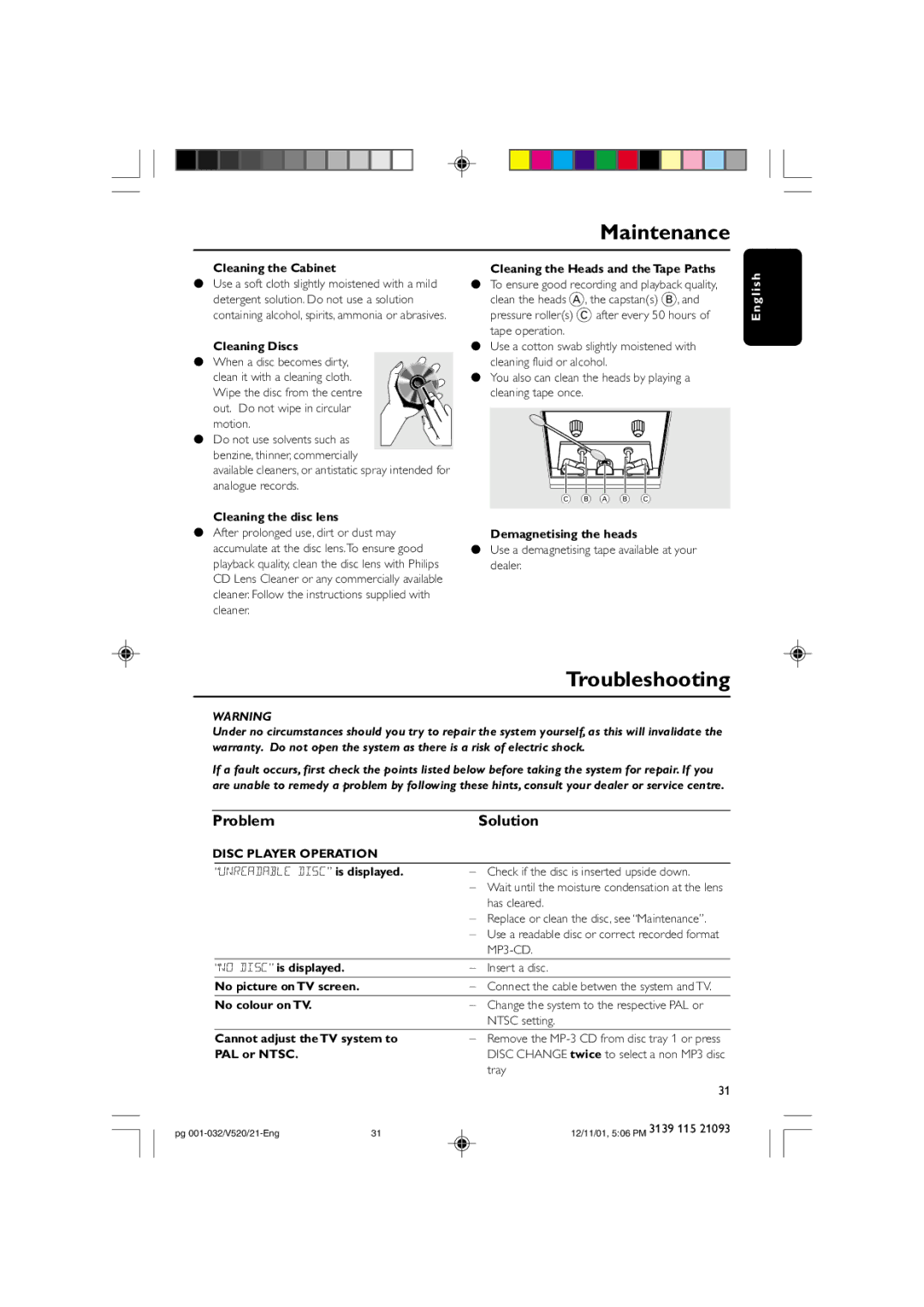 Philips FW-V520 manual Maintenance, Troubleshooting, Problem Solution, Disc Player Operation 