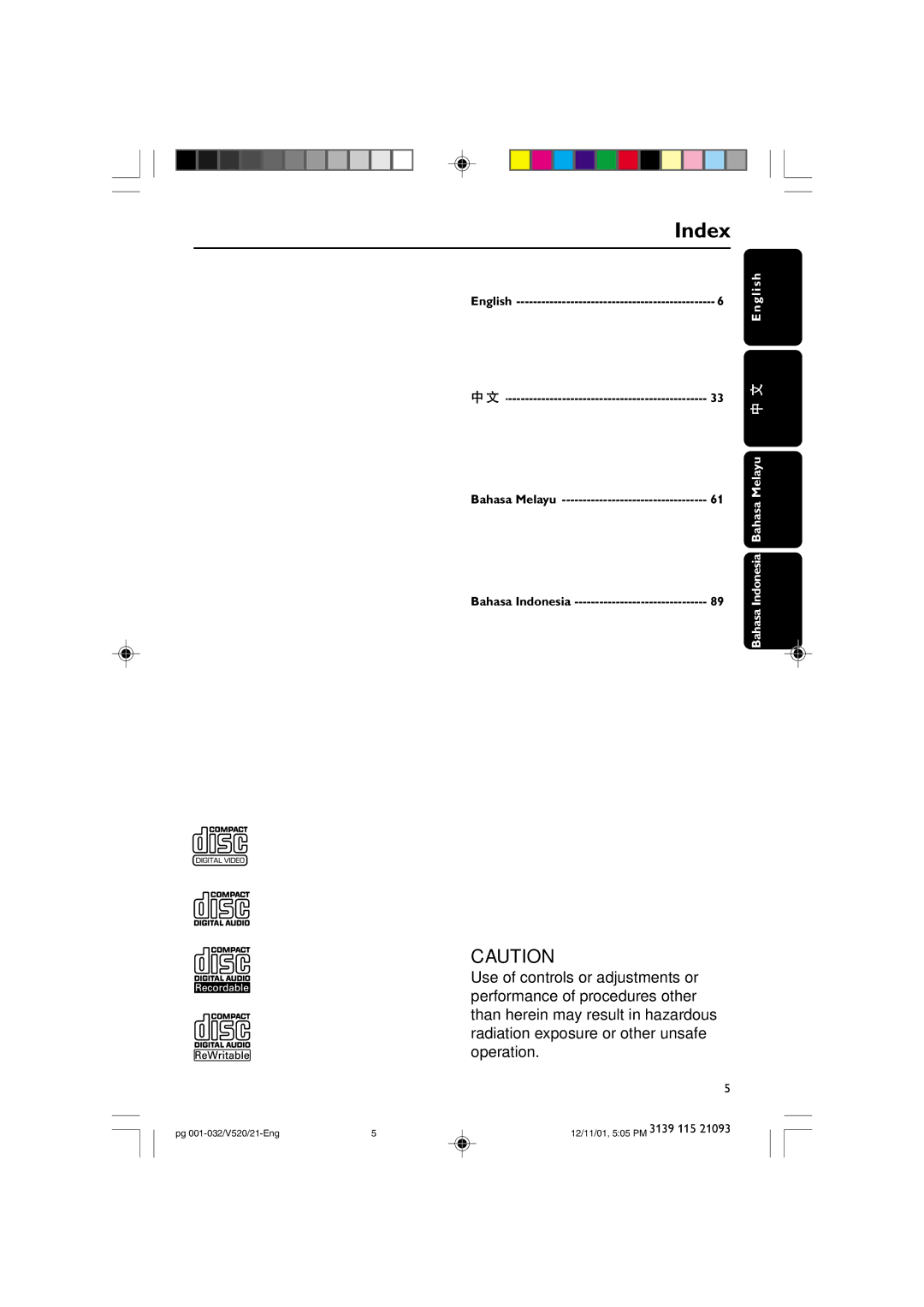 Philips FW-V520 manual Index 