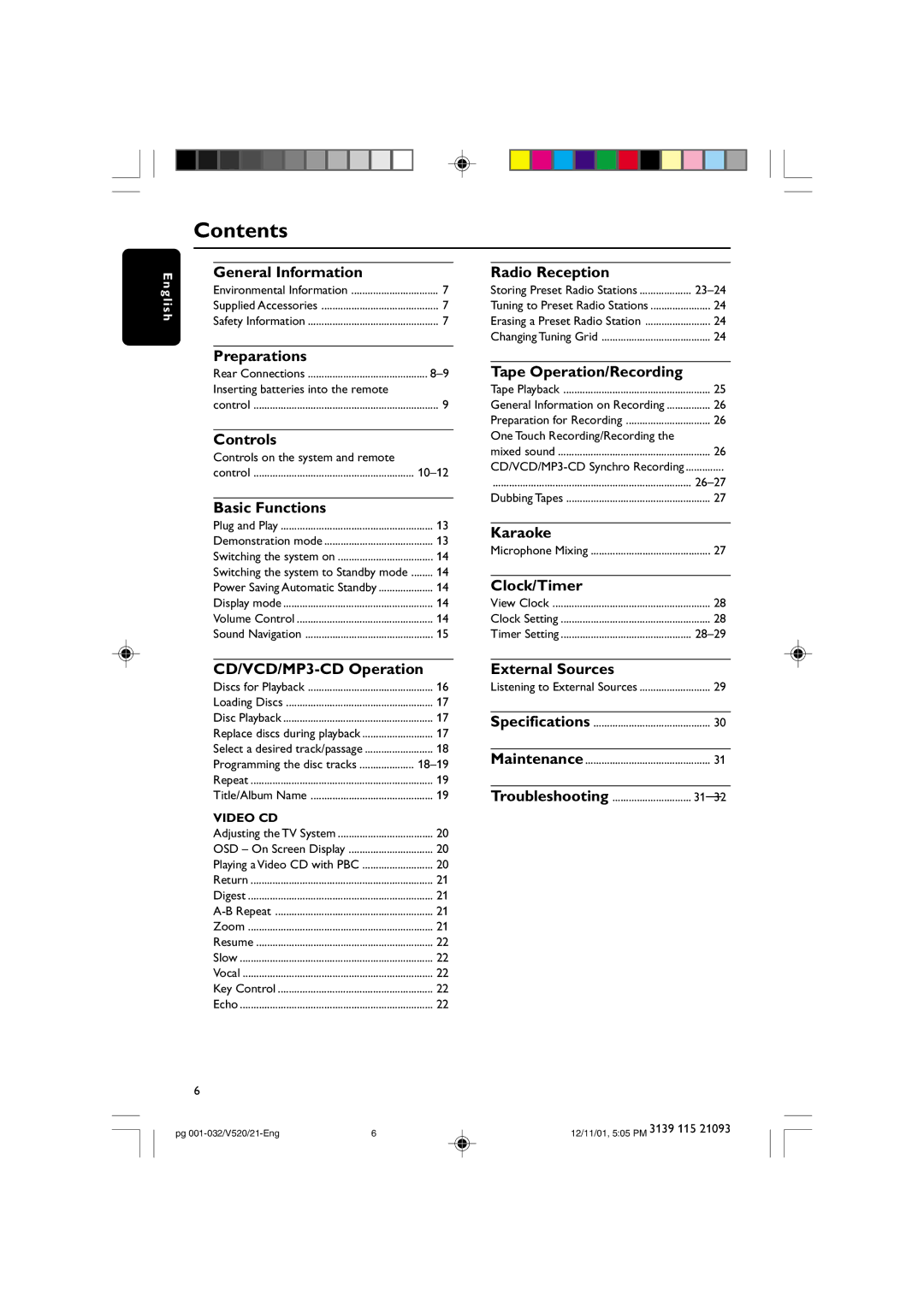 Philips FW-V520 manual Contents 