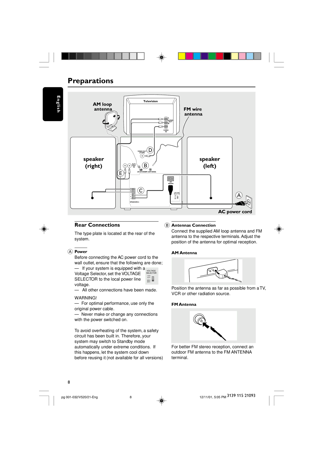 Philips FW-V520 manual Speaker, Left, Rear Connections 