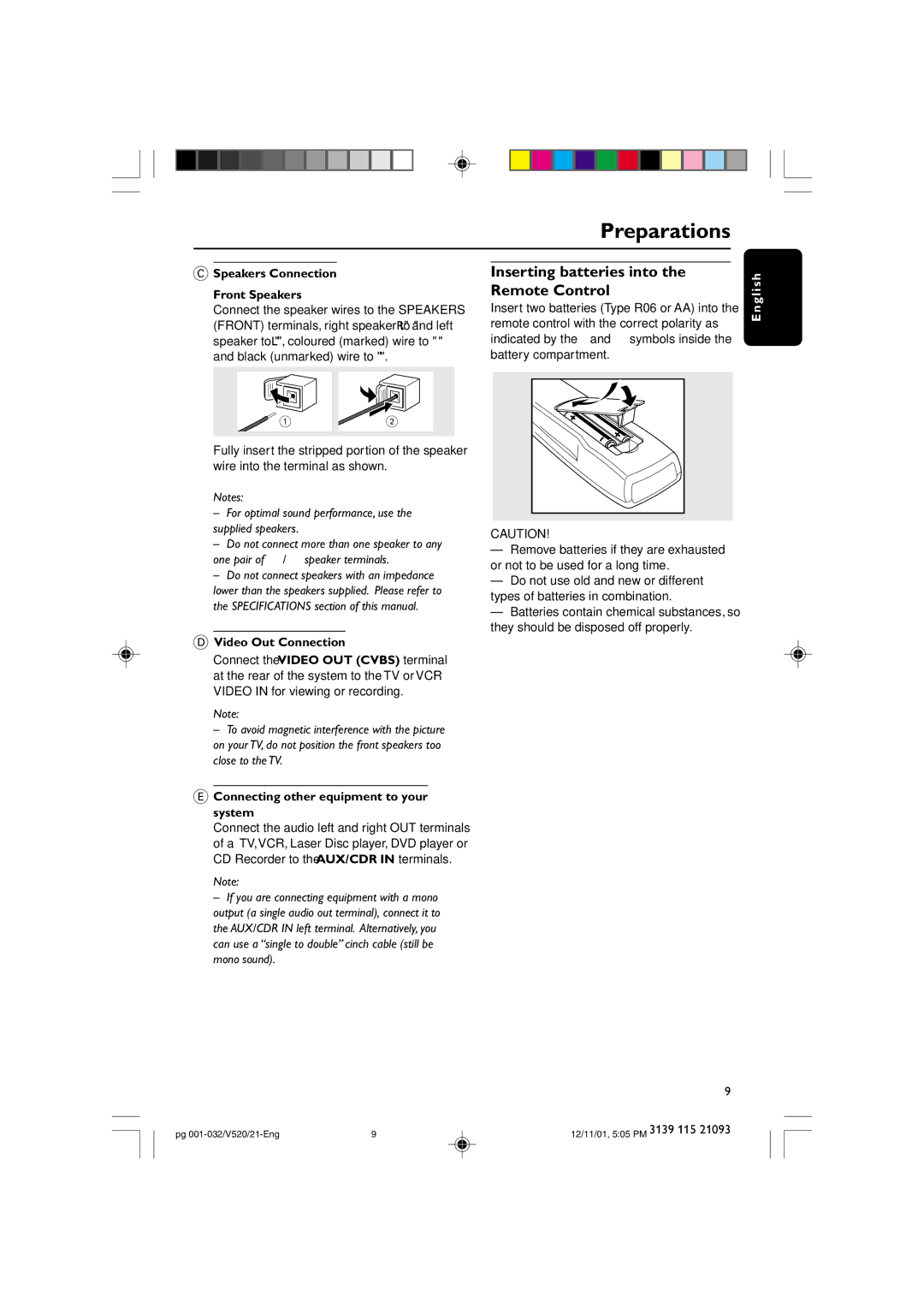 Philips FW-V520 manual Inserting batteries into, Remote Control, Front Speakers, Video Out Connection 