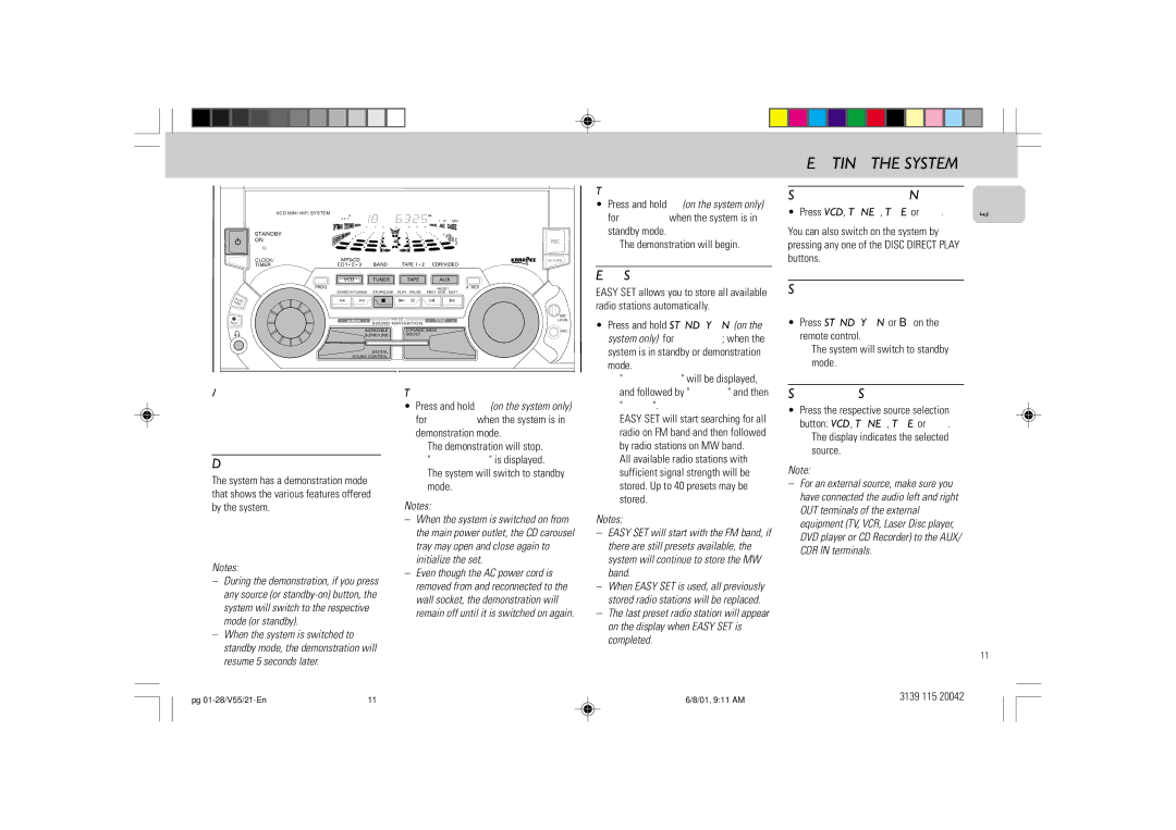 Philips FW-V55 manual Easy Set, Switching the system on, Switching the system to standby mode, Demonstration mode 