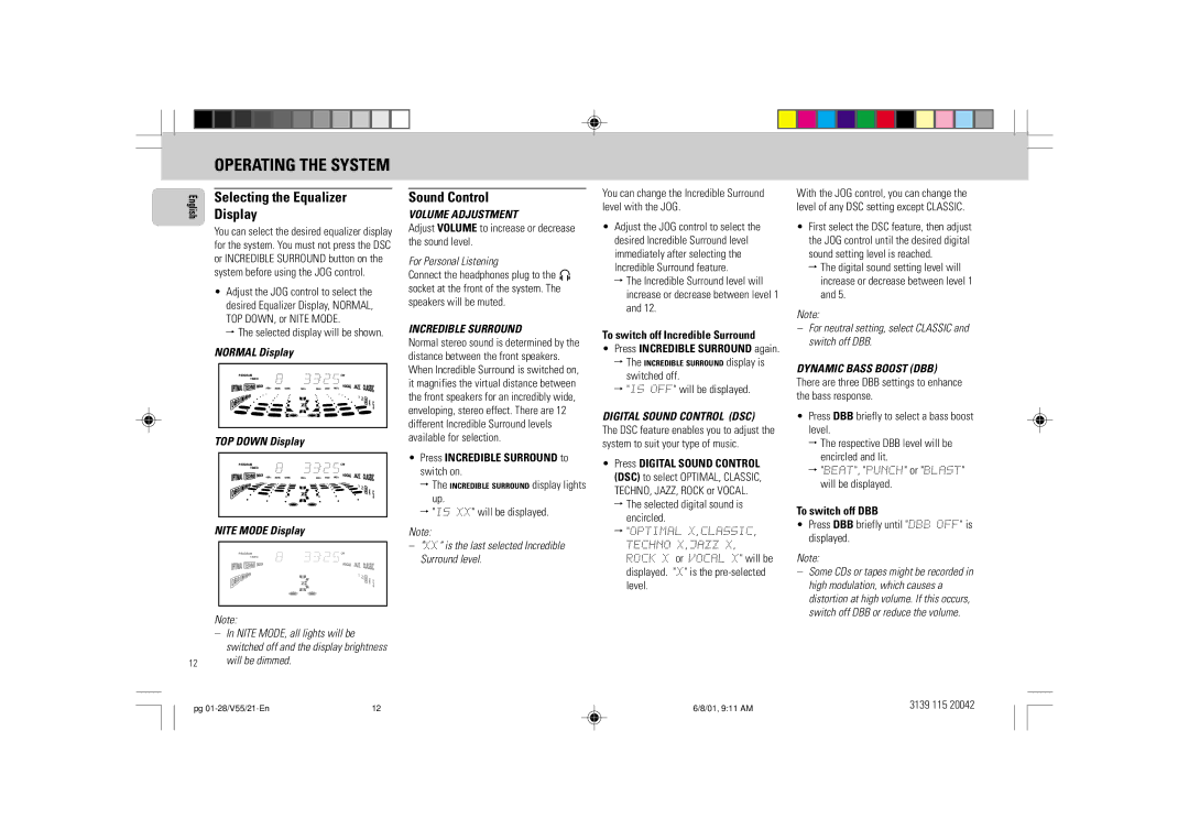 Philips FW-V55 manual Selecting the Equalizer, Display, Sound Control 