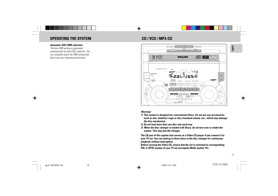 Philips FW-V55 manual Operating the System, CD / VCD / MP3-CD, Automatic DSC-DBB selection 