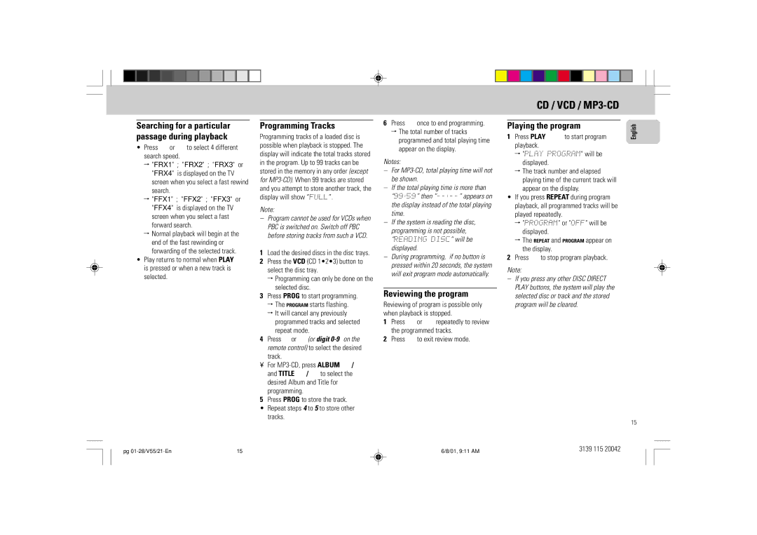 Philips FW-V55 manual Programming Tracks, Reviewing the program, Playing the program 