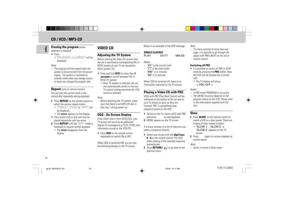 Philips FW-V55 manual Adjusting the TV System, OSD On Screen Display, Slow, Playing a Video CD with PBC 