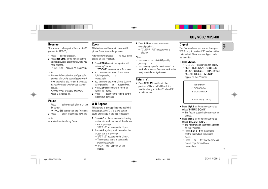 Philips FW-V55 manual Resume, Pause, Zoom, Repeat, Return, Digest 