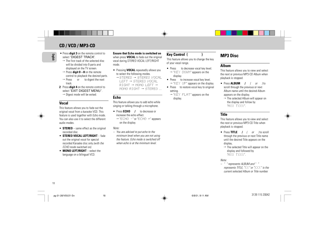 Philips FW-V55 manual Vocal, Echo, Key Control I È, Album, Title 