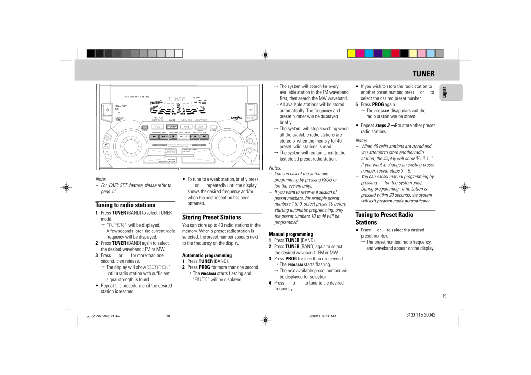 Philips FW-V55 manual Tuner, Tuning to radio stations, Storing Preset Stations, Tuning to Preset Radio Stations 