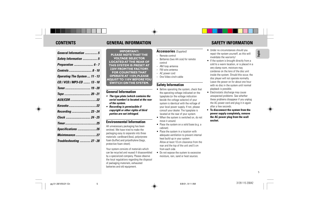 Philips FW-V55 manual Contents 